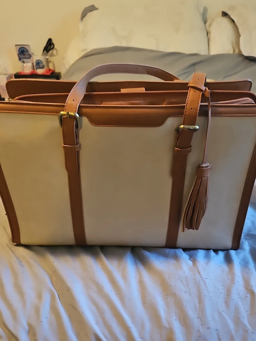 Structured Two-Tone Top-Handle Satchel - Beige and Tan